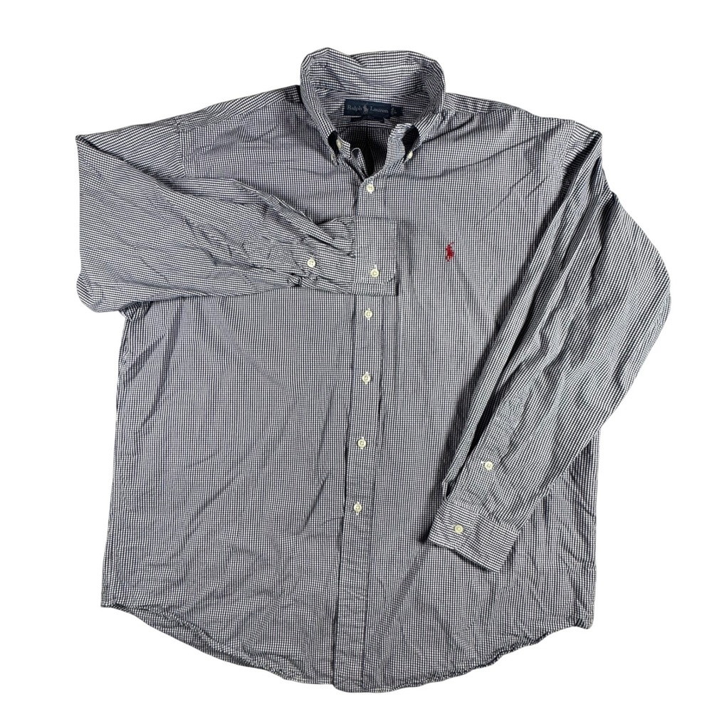 Ralph Lauren Button Down Mens L Navy Blue Gingham Excellent Blake Cotton Shirt
